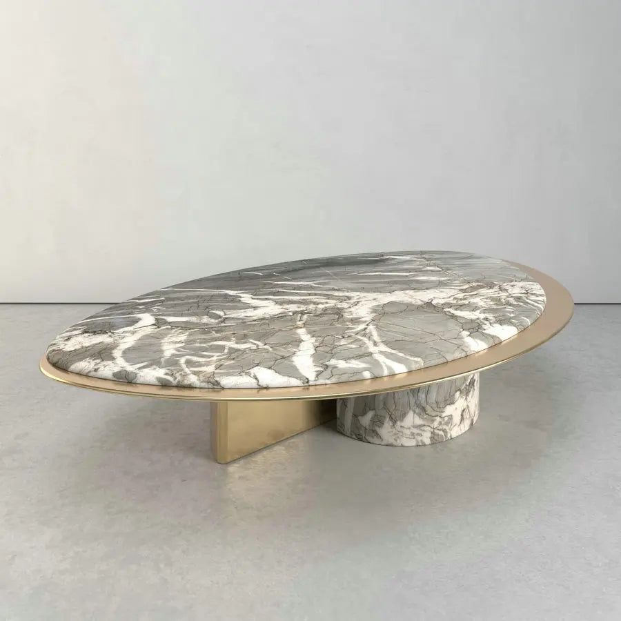 Luxury Designer Oval Leaf Calacatta Viola Marble Top Gold Stainless Steel Coffee Table
