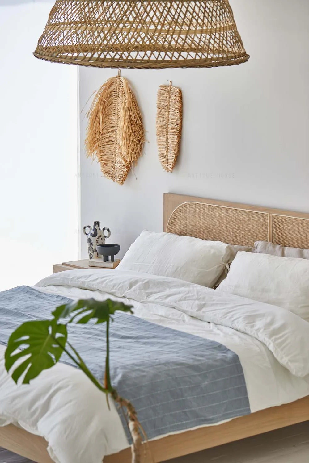 Rustic Boho Oak Rattan Wooden Double Bed Frame for Organic Bedroom Furniture