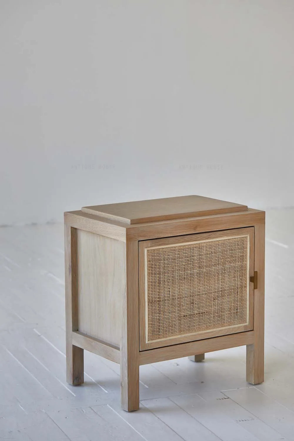Boho Organic Japandi Oak Rattan Bedside Cabinet - Rustic Bedroom Wood Nightstand