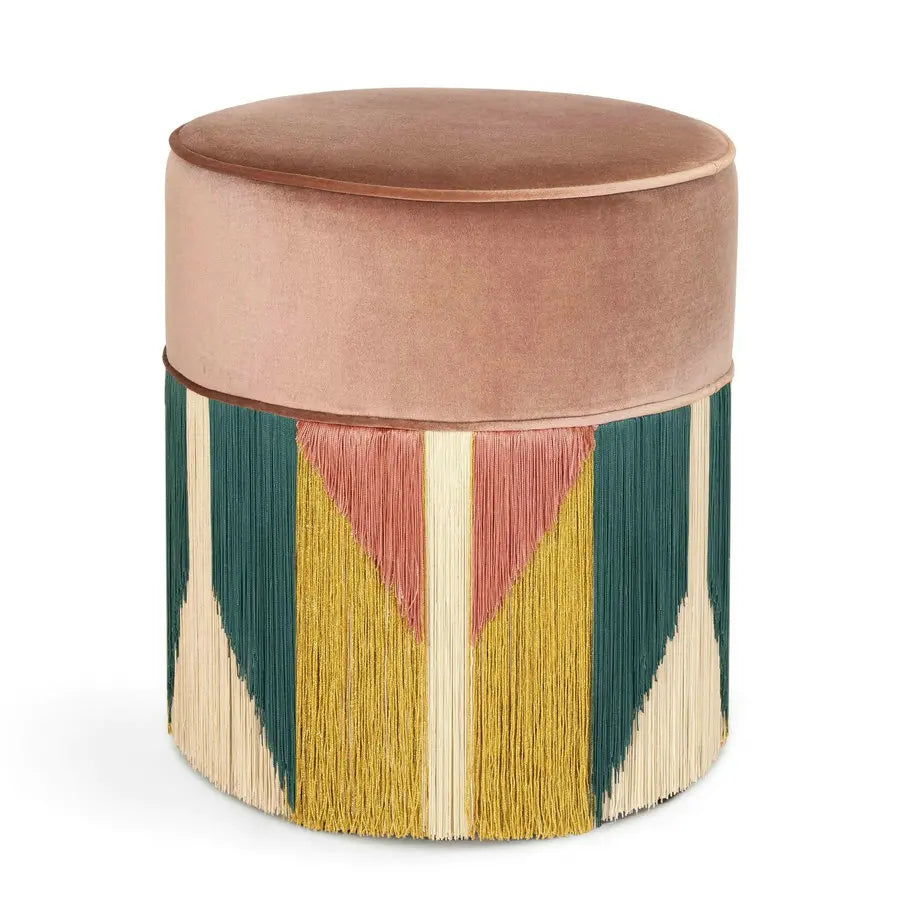 Elegant Velvet Round Ottoman Footstool with Tassels, Chic Fringed Pouf