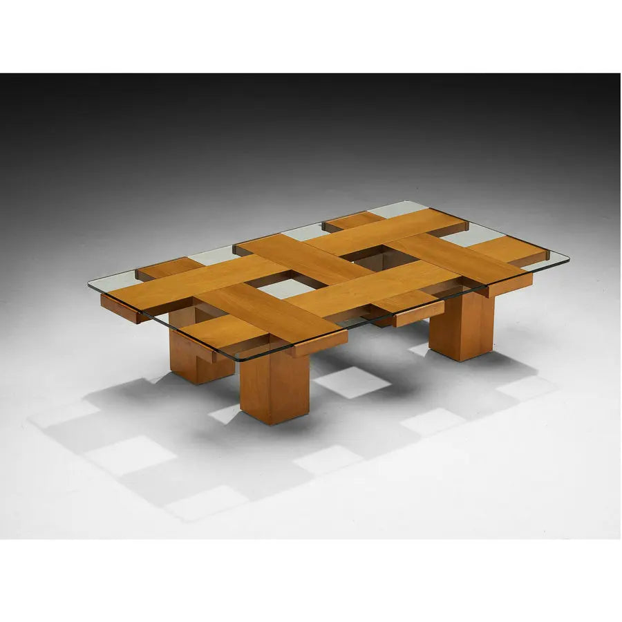 Elegant Mid-Century Walnut Wood Rectangular Glass Top Hotel Coffee Table