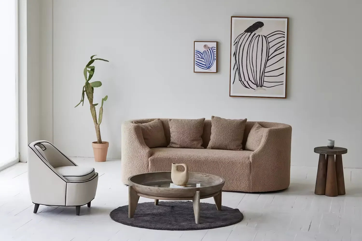 Scandinavian Round Reclaimed Elm Wood Coffee Table with Tempered Glass Top