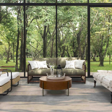 Stylish Rattan Fabric Sofa - Solid Oak Wood Slat Frame Modern Couch