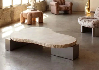 Wabi-Sabi Natural Travertine Coffee Table | Irregular Beige Living Room Accent