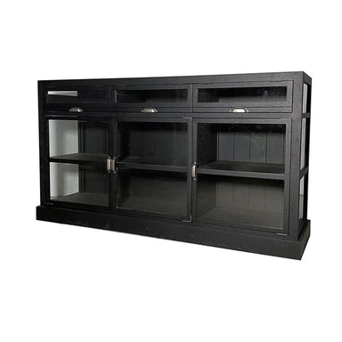 Elegant Black Oak Wood Sideboard: Glass Doors, Versatile Living Room Storage