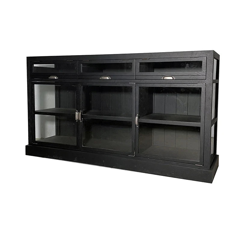 Elegant Black Oak Wood Sideboard: Glass Doors, Versatile Living Room Storage