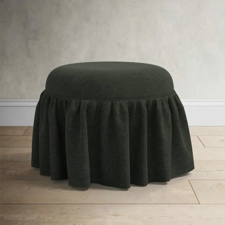 French Country Checkered Fabric Upholstered Round Ruffled Skirt Ottoman