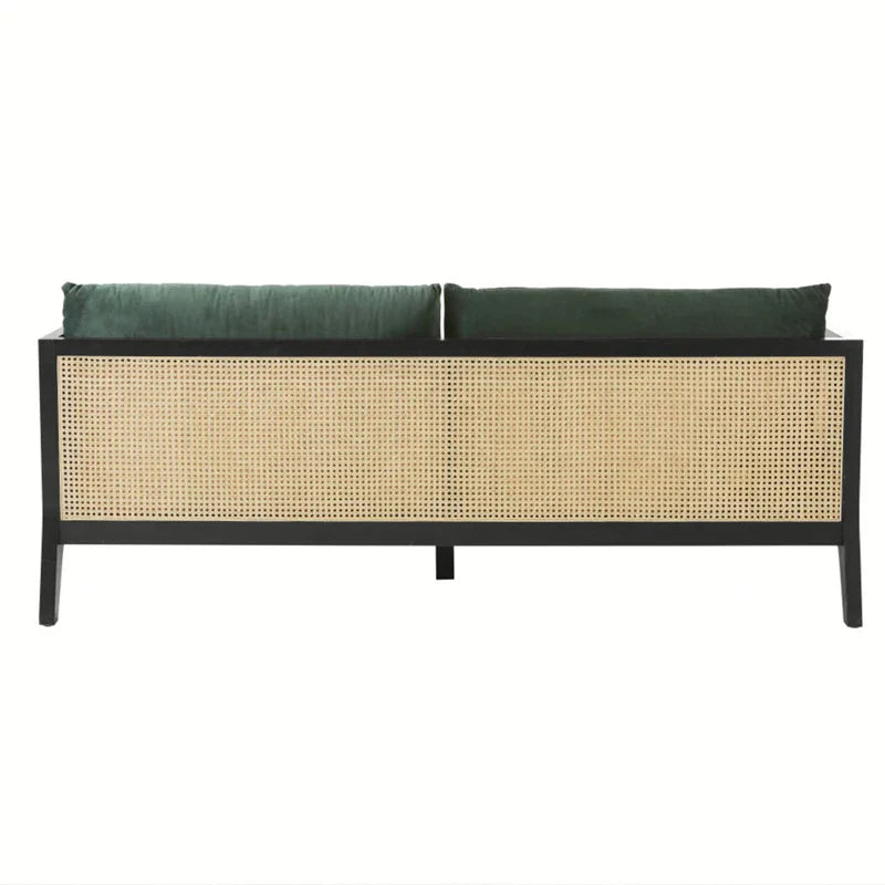 Elegant Oak Cane Back Velvet 3-Seater Sofa | Luxury Living Room Furniture