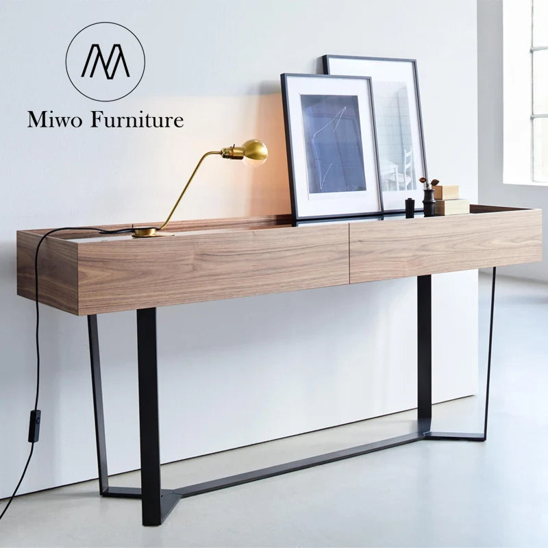 Modern Italian Wood Glass Narrow Rectangular Entryway Console Table