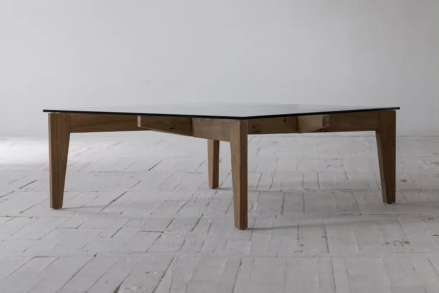 Chic Japandi Wabi-Sabi Square Glass Coffee Table with Recycled Elm Base