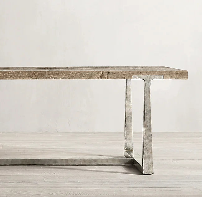 American Rustic Solid Oak Wood Dining Table, Forged Craftsmanship, Custom Sizes