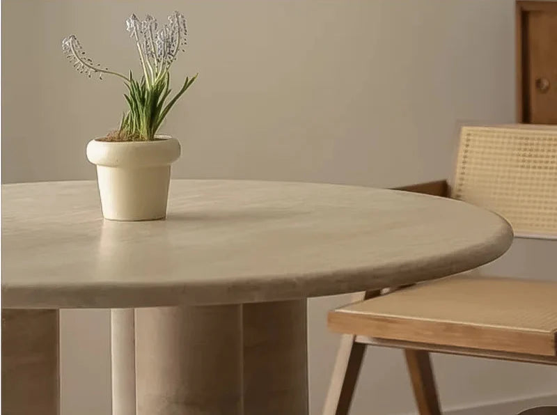 Tostone Cream Travertine Round Dining Table, Modern Minimalist Stone Design for Home