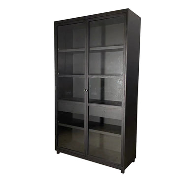 Elegant Solid Oak Wood Black Glass Display Cabinet Bookcase for Living Room