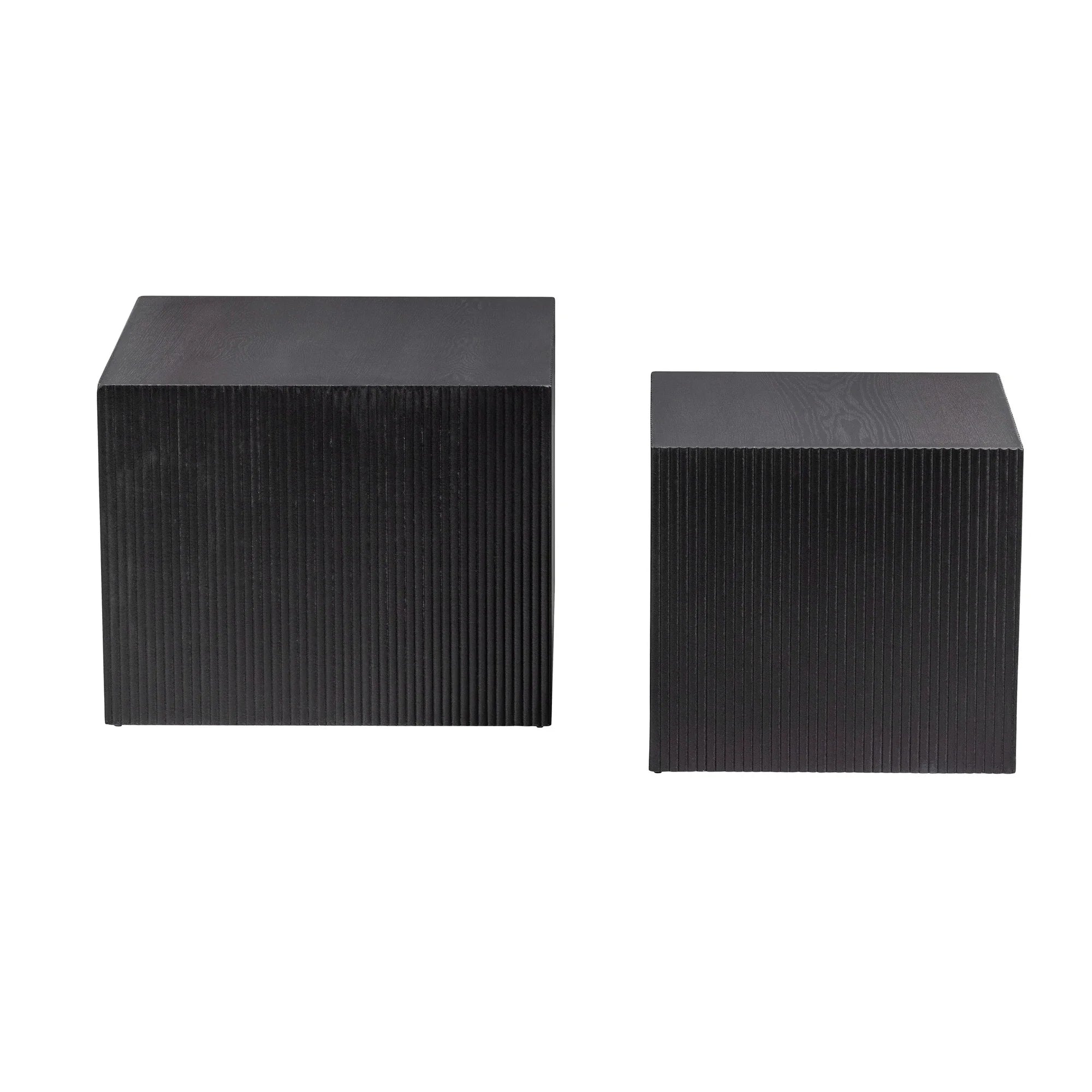 Modern Black Oak Fluted Barrel Square Side Table for Living Room