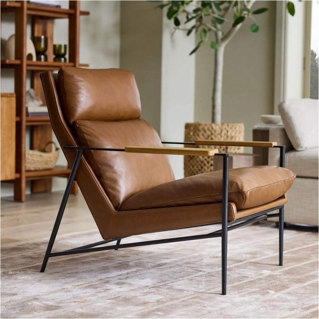 Modern Industrial Leather Accent Chair Wood Metal Frame Upholstered Lounge Seat