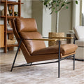Modern Industrial Leather Accent Chair Wood Metal Frame Upholstered Lounge Seat