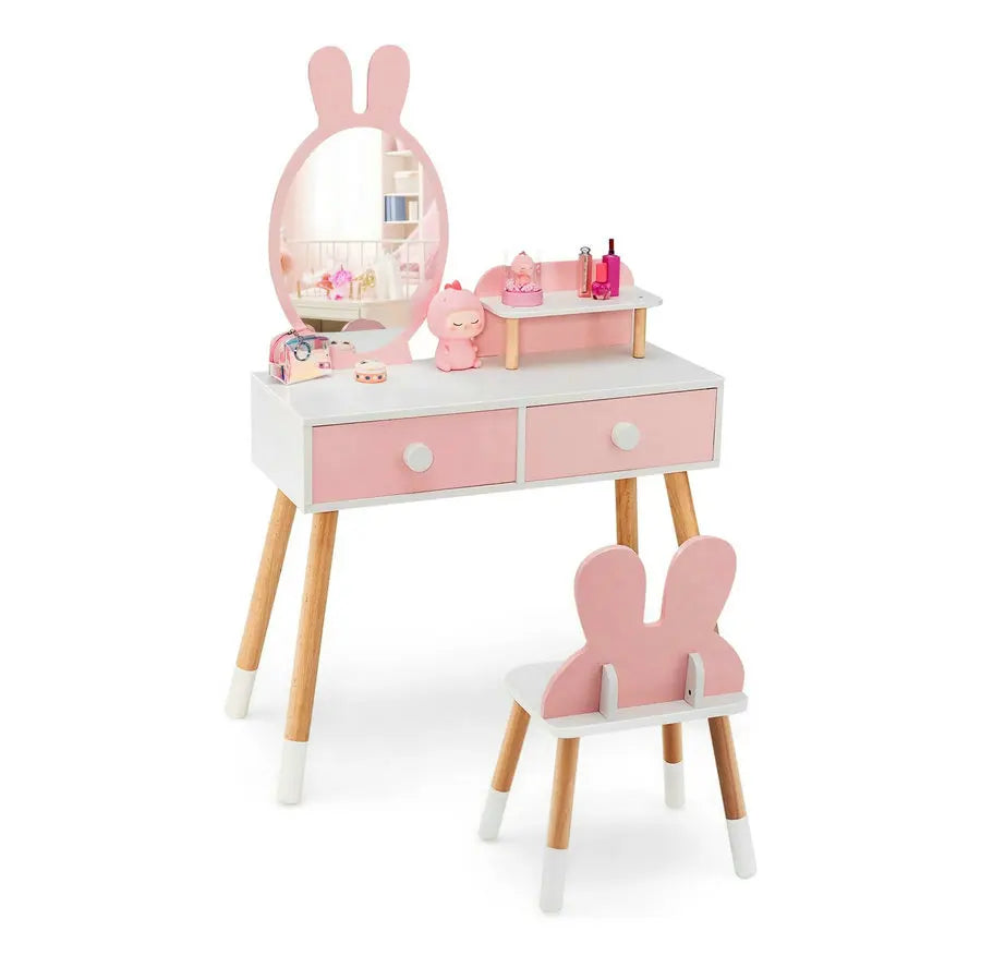 Kids Wooden Vanity Dressing Table & Chair Set with Mirror for Play