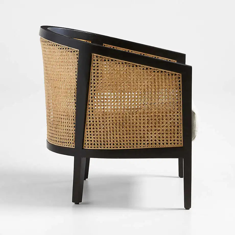 Elegant Black Cane Accent Chair with Plush Ivory Cushion - Modern French Style