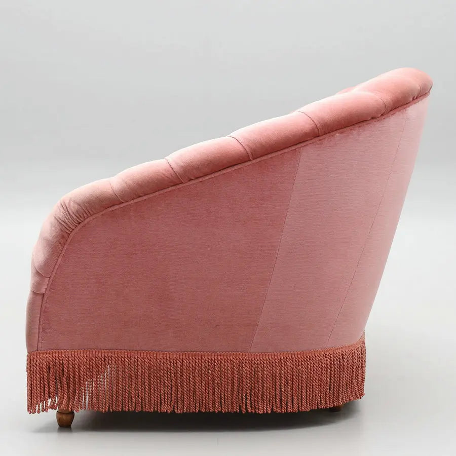 Elegant Pink Velvet Curved 2-Seater Tufted Fringe Modern Loveseat Sofa