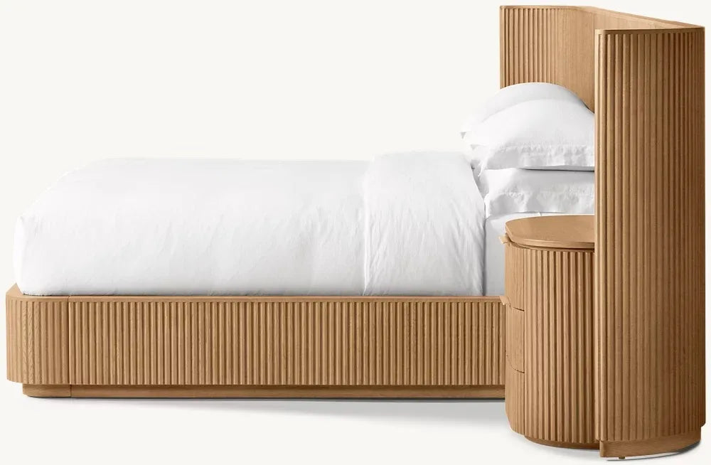 Premium American Style Oak Wood Queen Bed, Postmodern Luxury Extended Headboard Design