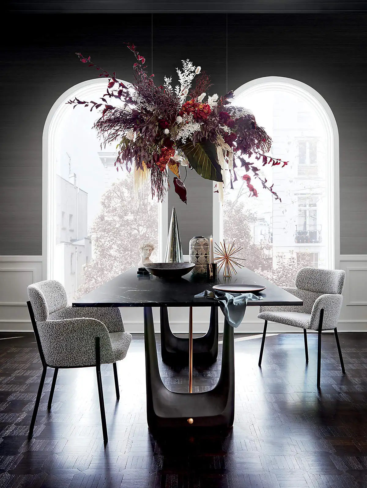 Chic Gray Boucle Dining Armchair: Modern Luxury Seating with Durable Metal Legs