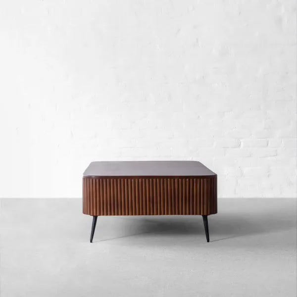 Elegant Solid Oak Wood Slat-Frame Coffee Table with Rounded Edges Storage