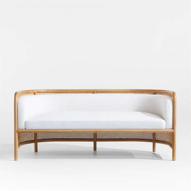 Elegant Rattan Cane Settee Sofa, White Cushion, Solid Oak Wood Frame