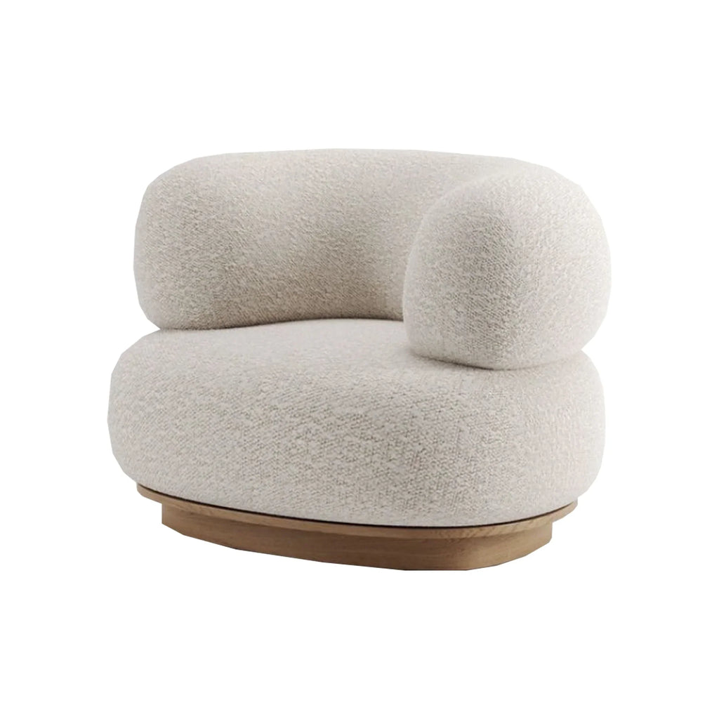 Cozy Nordic Boucle Armchair & Ottoman Set - White Fabric, Oak Base