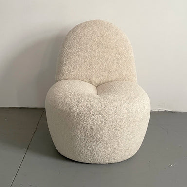 Elegant White Boucle Accent Chair with Carved Oak Frame for Living Room