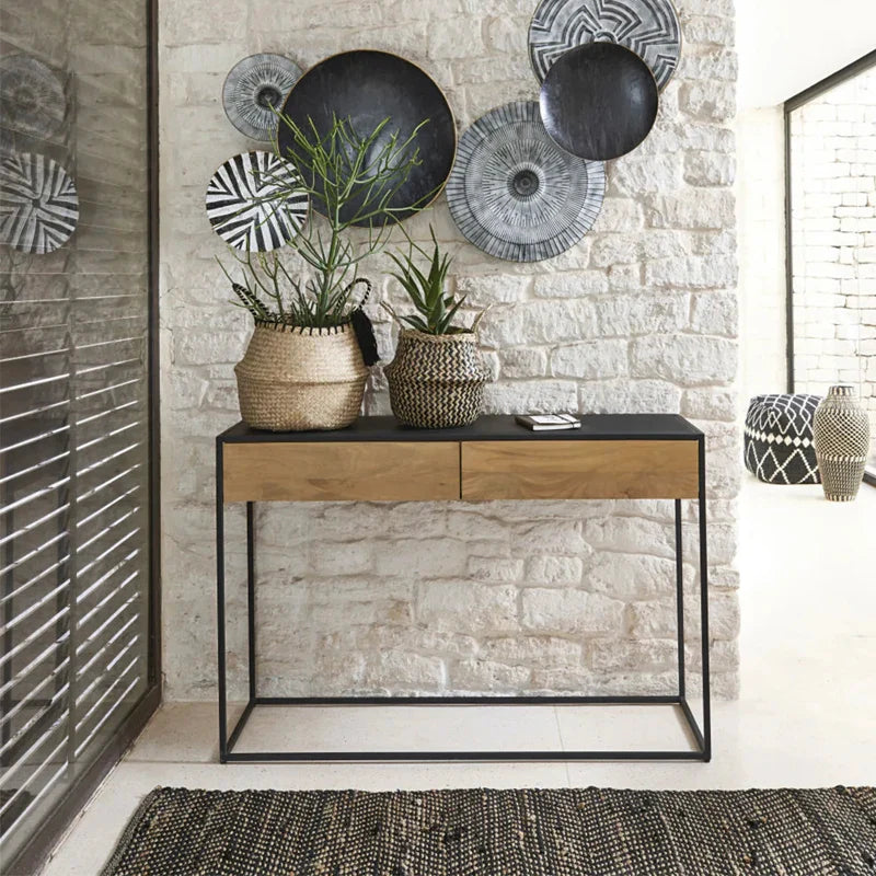 Elegant Black Metal Frame Console Table with Oak Wood Drawers for Modern Homes