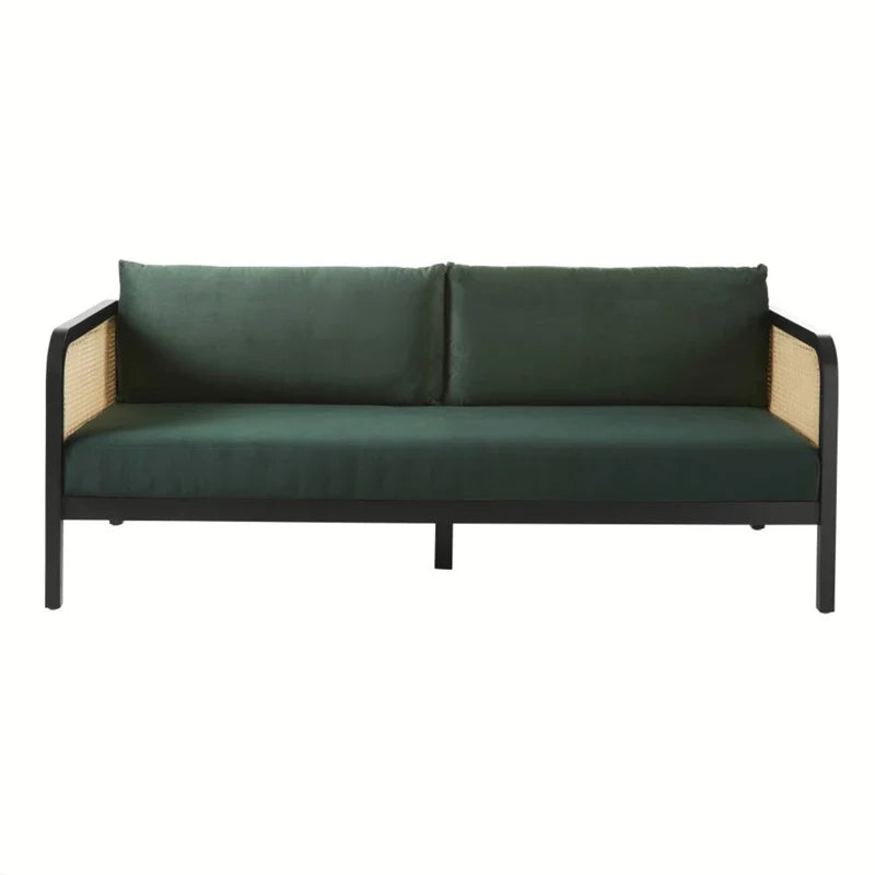 Elegant Oak Cane Back Velvet 3-Seater Sofa | Luxury Living Room Furniture