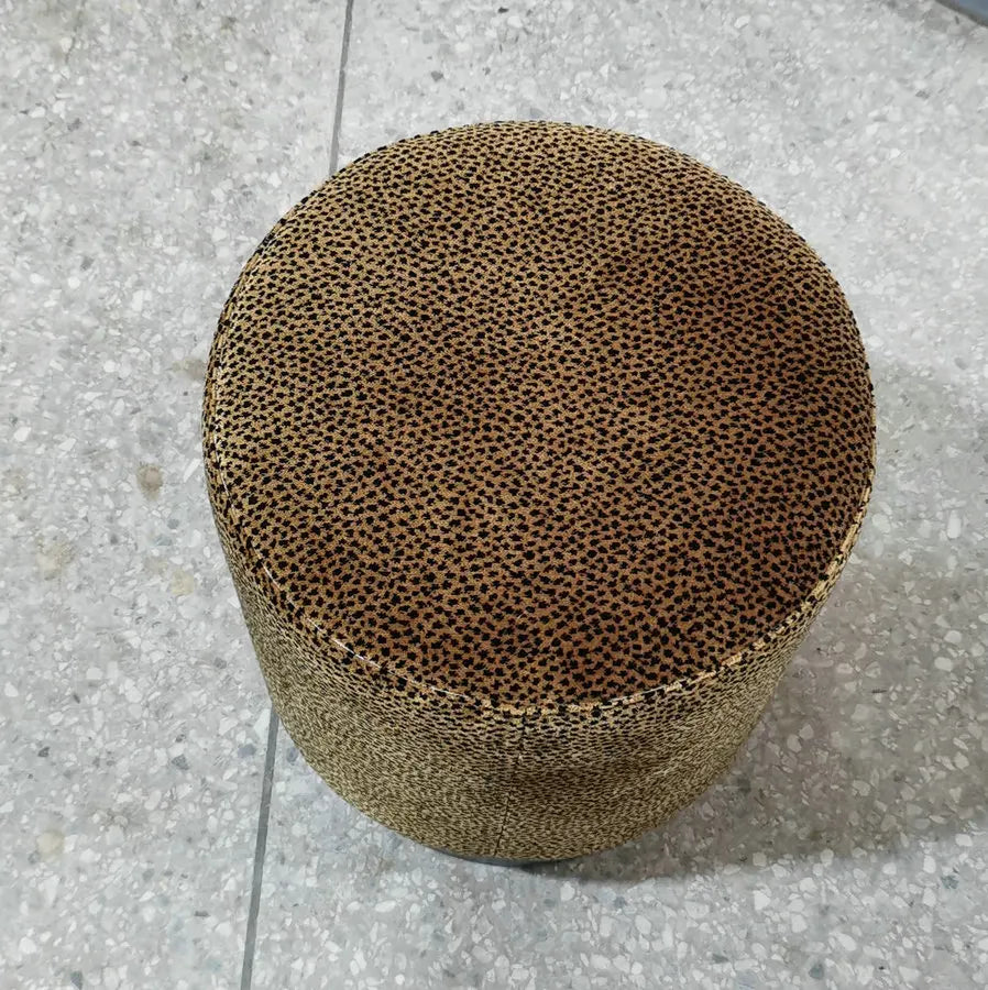 Modern Leopard Print Velvet Ottoman, Brass Base Luxury Pouf, Round Boucle Footrest Stool