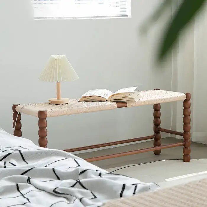 Elegant Bobbin Bench: Natural Oak Wood Woven Rattan Cane Footstool