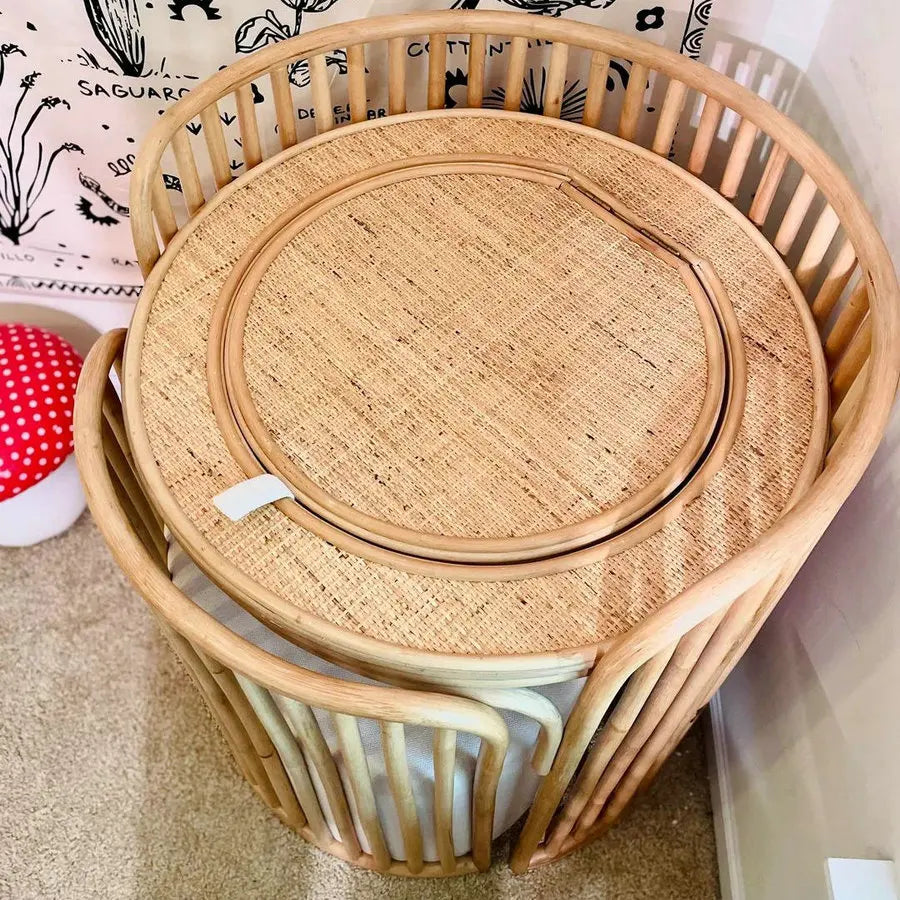 Elegant Rattan Vanity Dressing Table Set with Round Mirror and Matching Stool