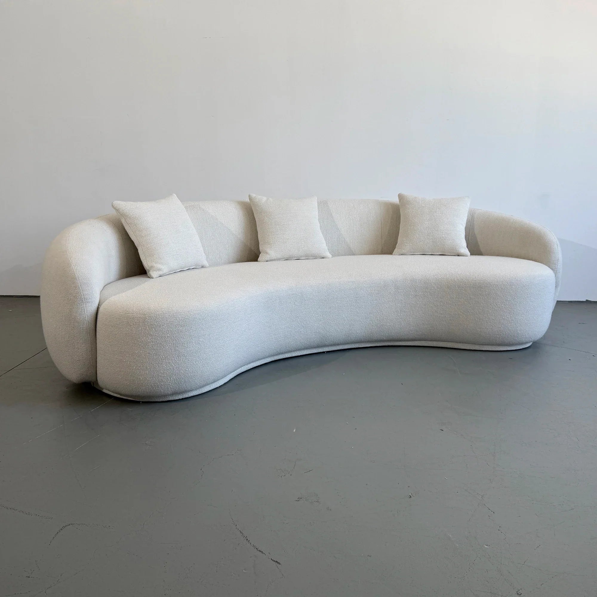 Elegant Curved White Boucle Upholstered Sofa - Modern Rounded Living Room Couch