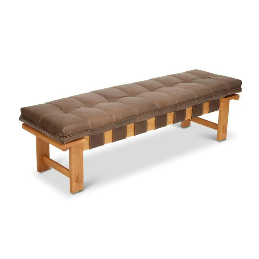 Vintage Tan Leather Upholstered Ottoman for Entryway, Bedroom, Dining Bench
