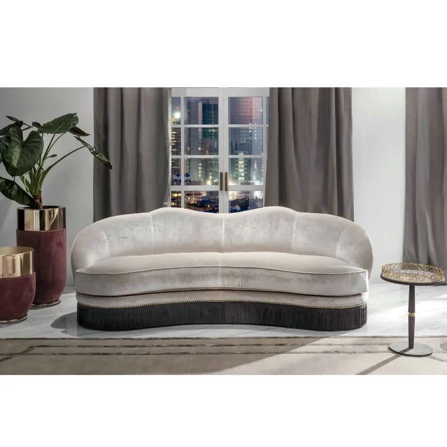 Curved Velvet Fringe Sofa with Goose Feather Cushions, Modern Couch