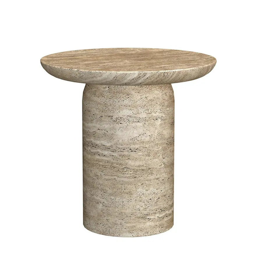 Elegant Carved Round Travertine Marble Accent Sofa Side Table