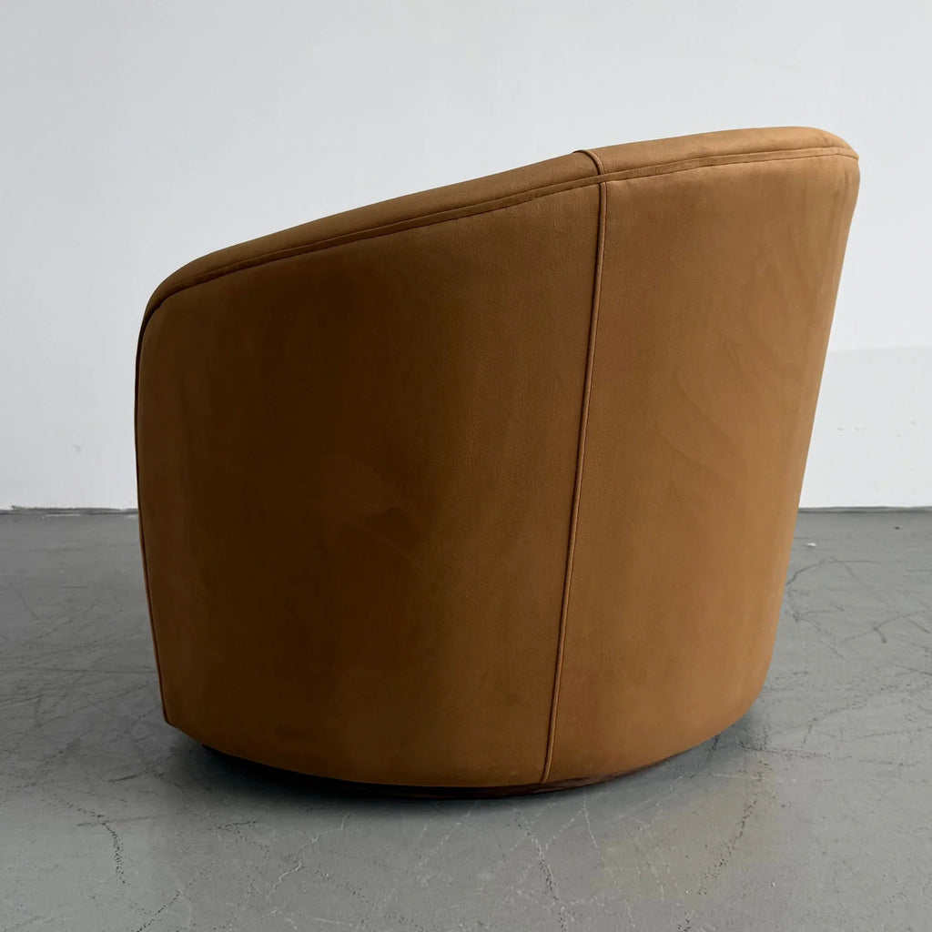 Modern Brown Velvet Swivel Barrel Chair with Curved Back Design