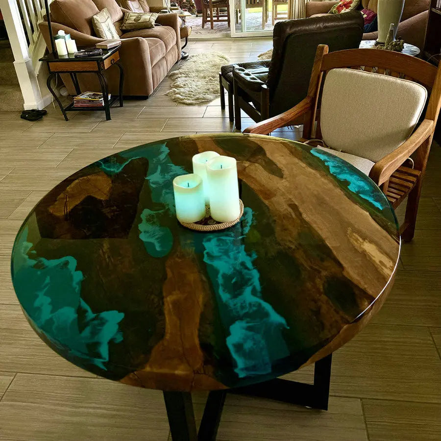 Artisan Epoxy River Round Dining Table, Solid Wood Slab Cafe Kitchen Furniture