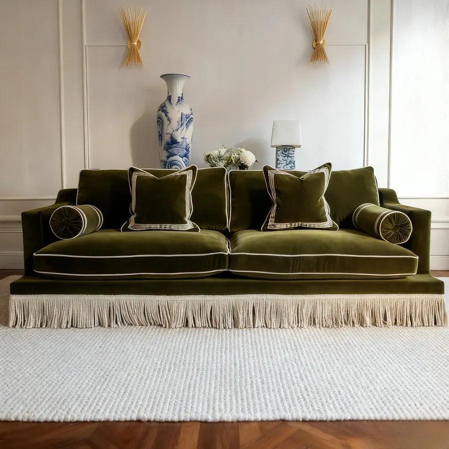 Vintage Green Velvet Tassel Fringe Sofa for Cafe & Restaurant