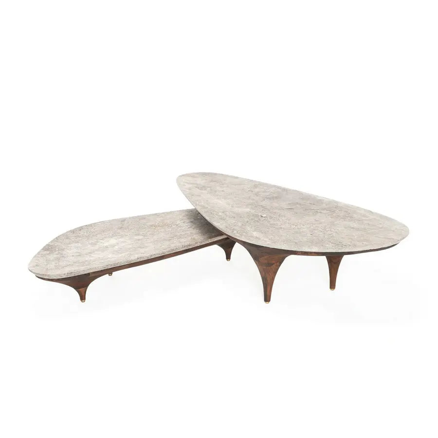 Elegant Nordic Nesting Black Travertine Marble & Walnut Wood Coffee Table