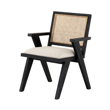 Chic Black Oak Cane Rattan Dining Chair with Upholstered Armrests