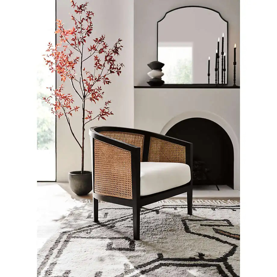 Elegant Black Cane Accent Chair with Plush Ivory Cushion - Modern French Style