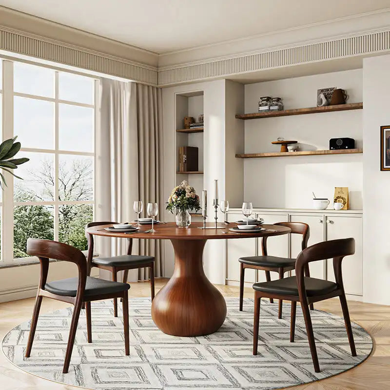 Elegant Retro Carved Round Wood Dining Table with Unique Water Drop Base