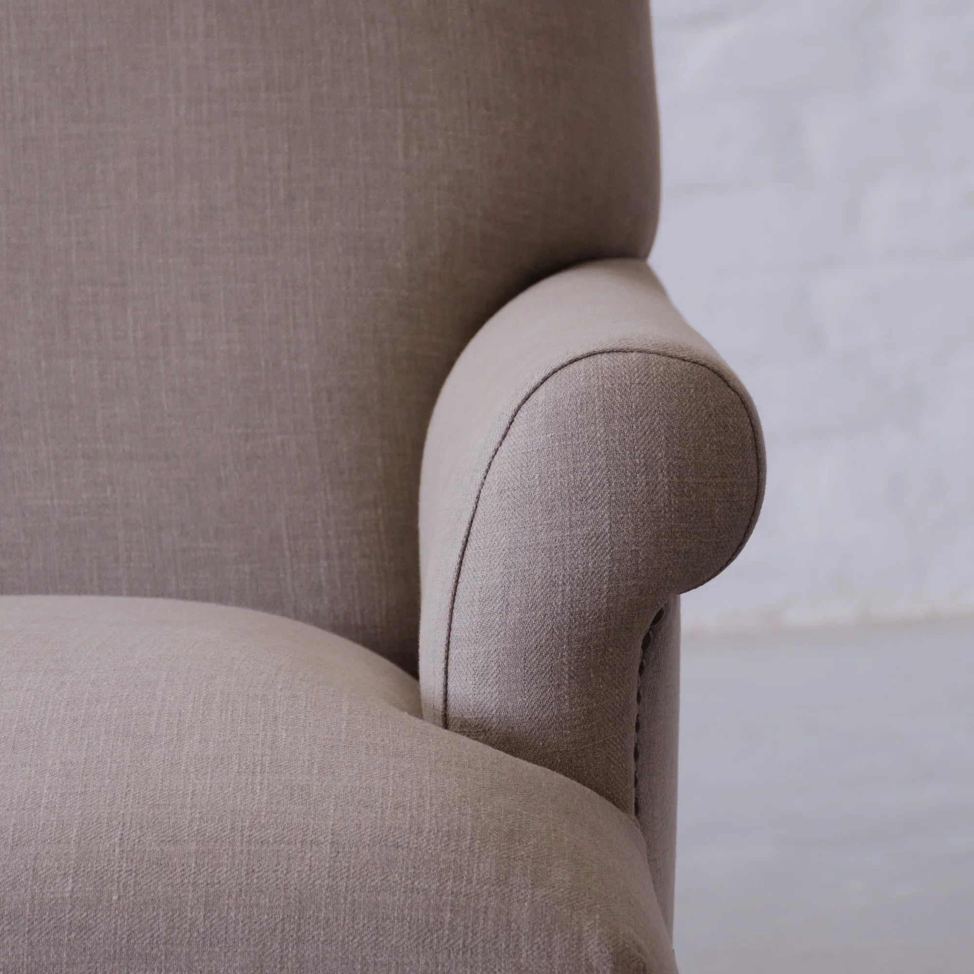 Elegant French Carved Oak Linen 2-Seater Sofa with Nailhead Trim