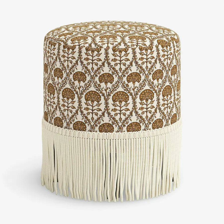 Modern Round Fabric Ottoman with Corded Fringe Trim, Soft Accent Footstool
