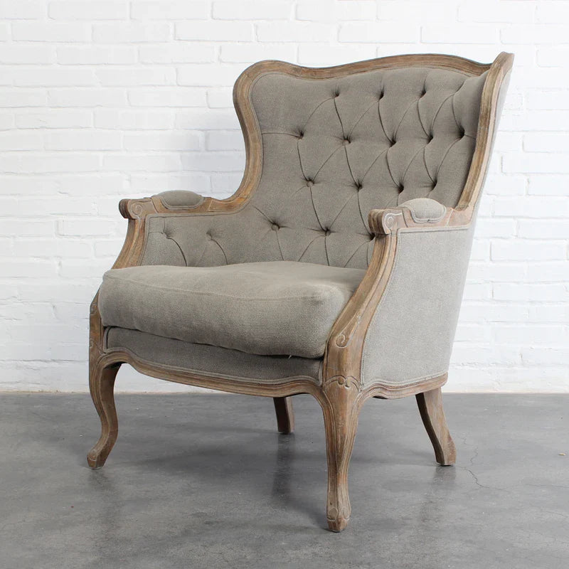 Luxurious French Carved Oak Armchair, Vintage Linen Tufted Accent Chair