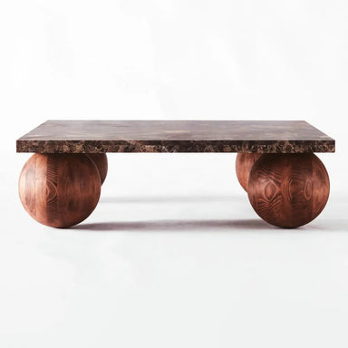 Elegant Round Emperador Marble Coffee Table with Unique Beech Wood Ball Base