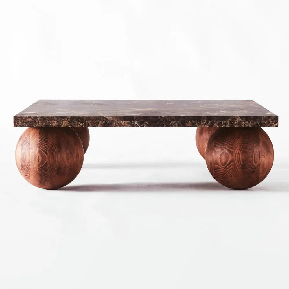 Elegant Round Emperador Marble Coffee Table with Unique Beech Wood Ball Base